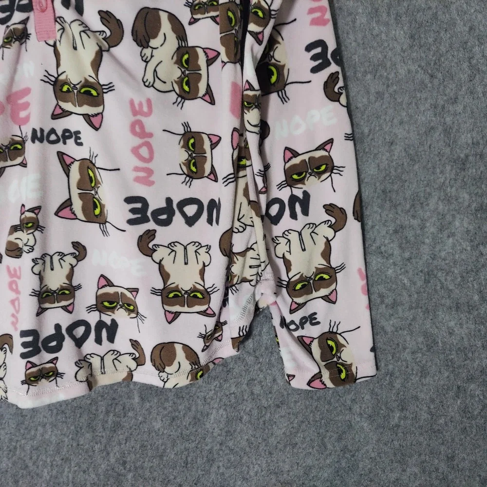 Grumpy Cat Pink Crystal Nope‎ Fleece Pajama Top Small S 4-6 Henley Long Sleeve